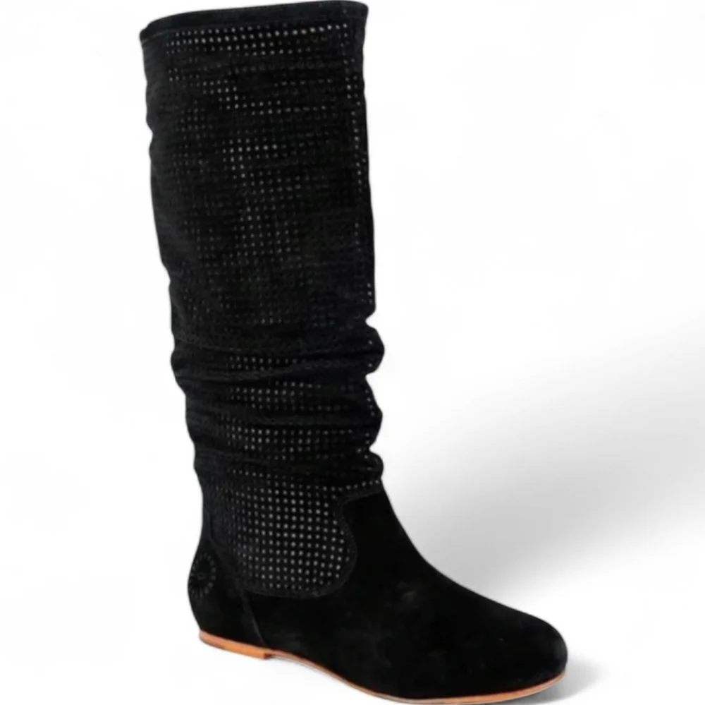 Ugg Abilene Black Suede Perforated Tall Slouchy Knee-High Pull On Boot Sheepskin